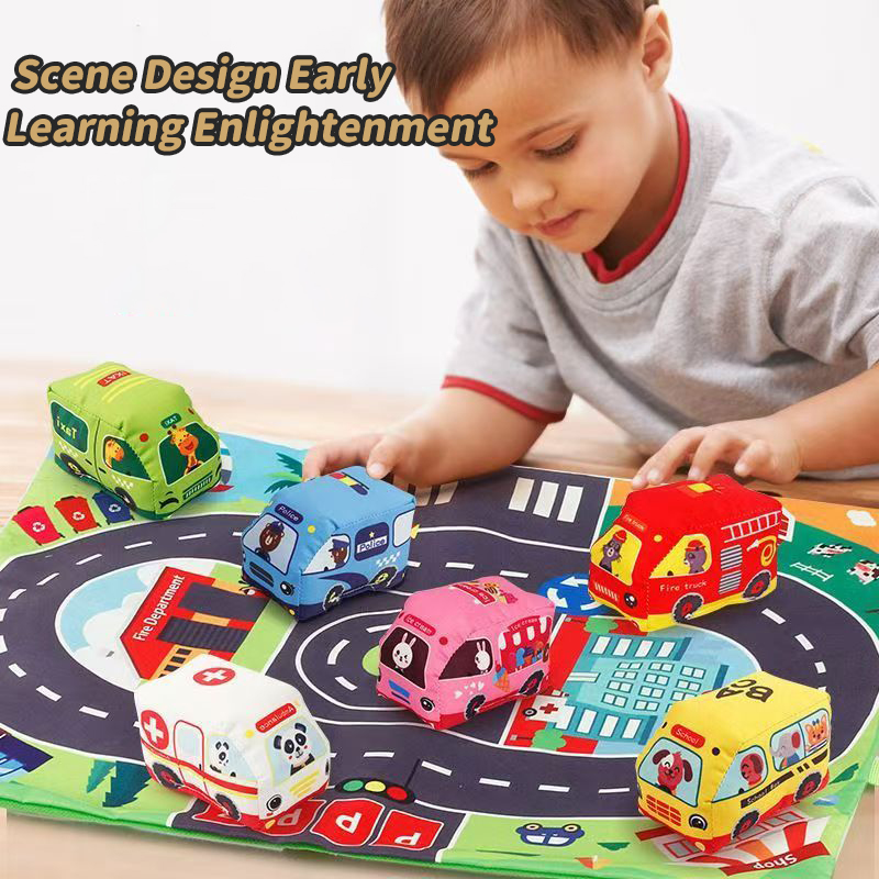 Baby Rattle Toy Set - ชุดของเล่นรถยนต์นุ่มสำหรับเด็กทารก พร้อมแผ่นรองเล่น 9 คัน รถเสริมพัฒนาการ สร้างปฏิสัมพันธ์ระหว่างพ่อแม่ลูก