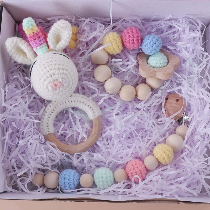 Baby Rattle Toy Set - Set kado Bayi Baru lahir ของเล่นสั่นสำหรับเด็ก0-12เดือนคลิปจุกนมหลอก3ชิ้น/เซ็ตพร้อมห่วงกัดโครเชต์1แพ็ค