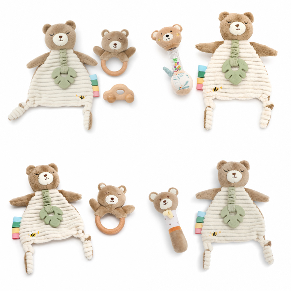 Baby Rattle Toy Set - ชุดผ้าห่มและของเล่นตุ๊กตาหมีการ์ตูนสำหรับเด็ก พร้อมเสียงกรุ๊งกริ๊ง ช่วยส่งเสริมพัฒนาการทางประสาทสัมผัส ของเล่นเสริมพัฒนาการสำหรับเด็กเล็ก ของขวัญเพื่อการเรียนรู้